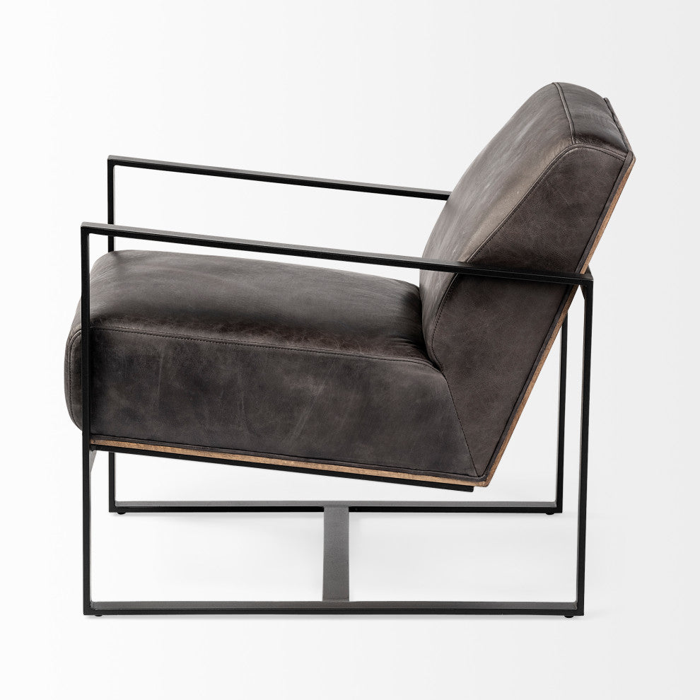 Stamford Black Genuine Leather Seat w/ Wood Back, Metal Frame Accent Chair