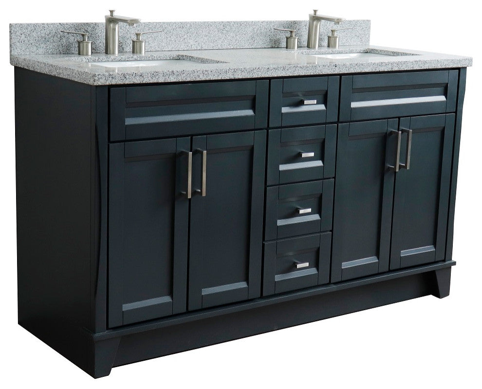 61" Double Sink Vanity, Dark Gray Finish And Gray Granite And Rectangle Sink