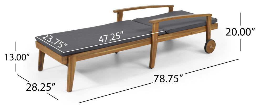 Lucknow Outdoor Acacia Wood Chaise Lounge with Water Resistant Cushion, Set of 2, Dark Grey + Teak