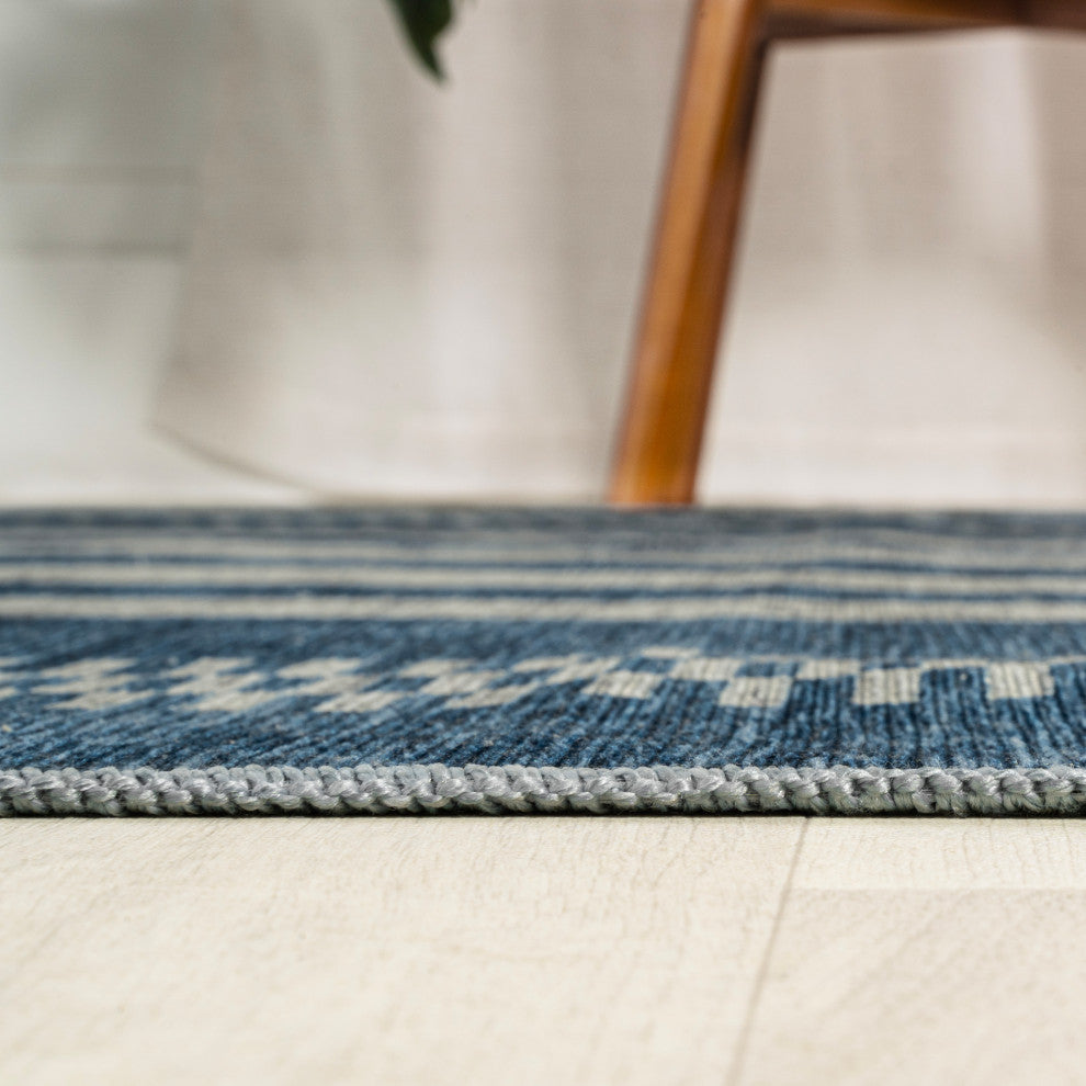 Vichy Geometric Striped Machine-Washable Blue/Cream 5 ft. x 8 ft. Area Rug