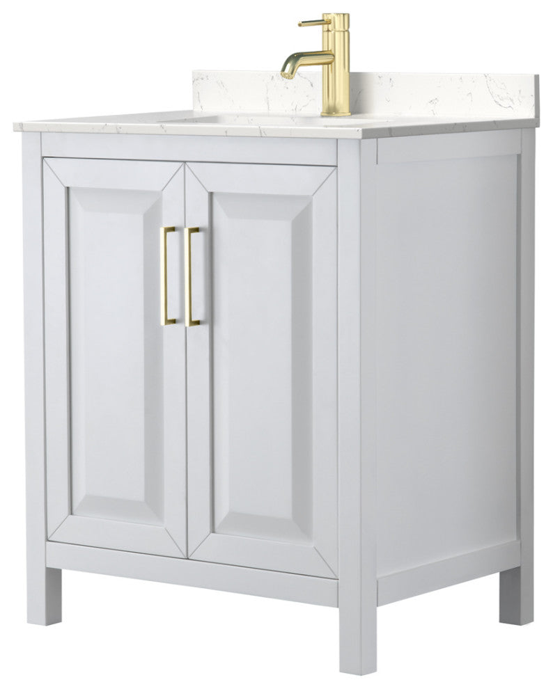30"SGL Vanity White, Light-Vein Carrara Cult. Marble Countertop, Sink, Gold Trim