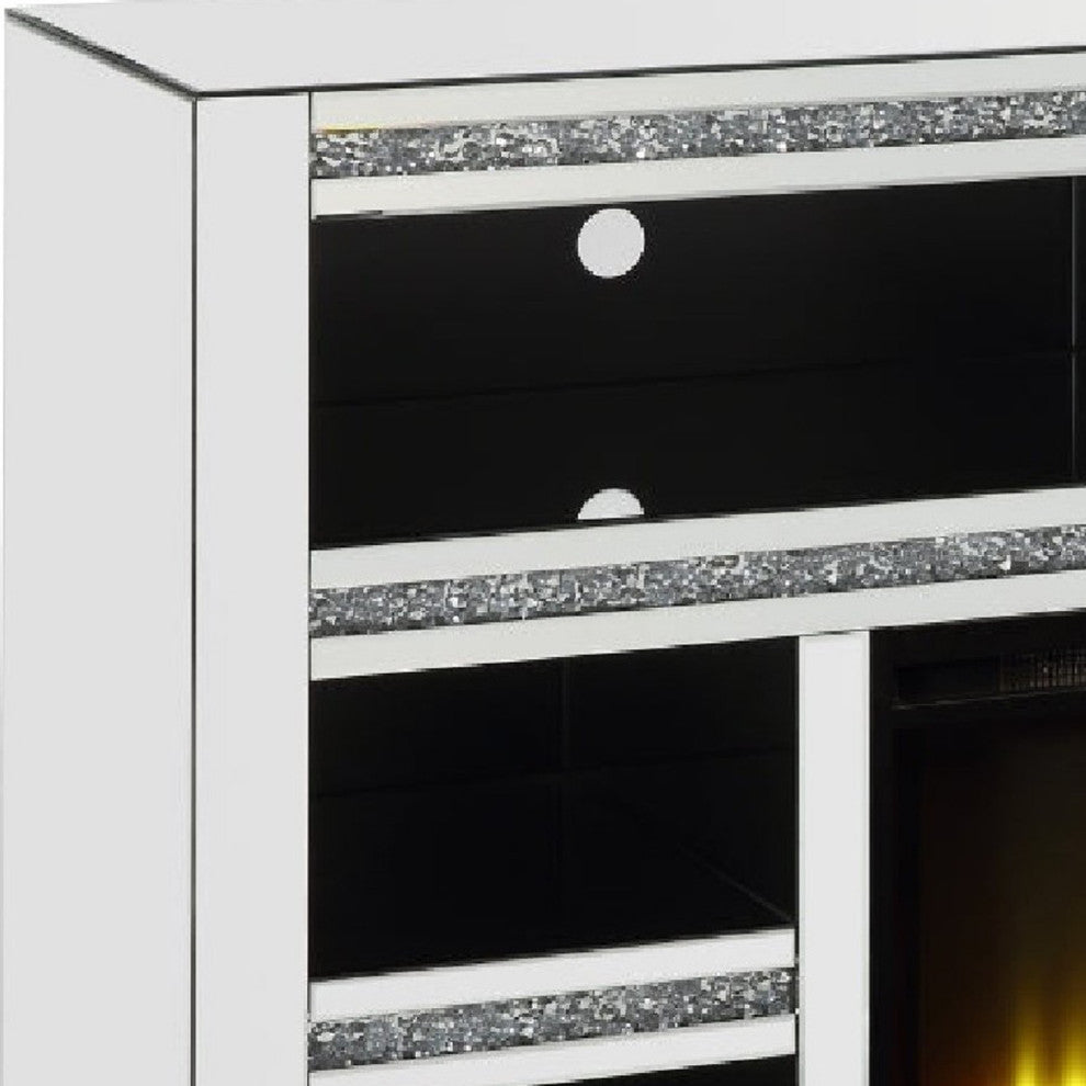 Benzara BM273254 Mirrored TV Media Stand, Timer Fireplace, 6 Compartment, Black