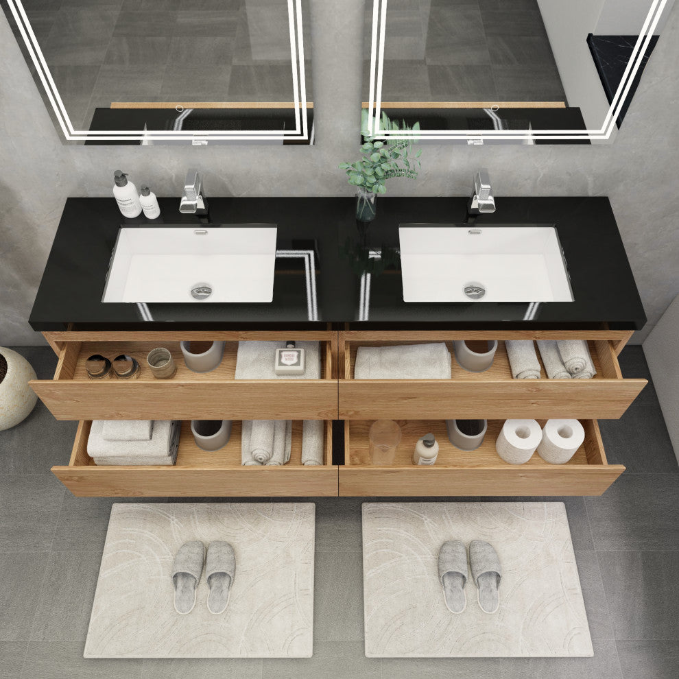 Belli 72" Double Sink Wall Mount Vanity Set, New England Oak, Matt Black Top