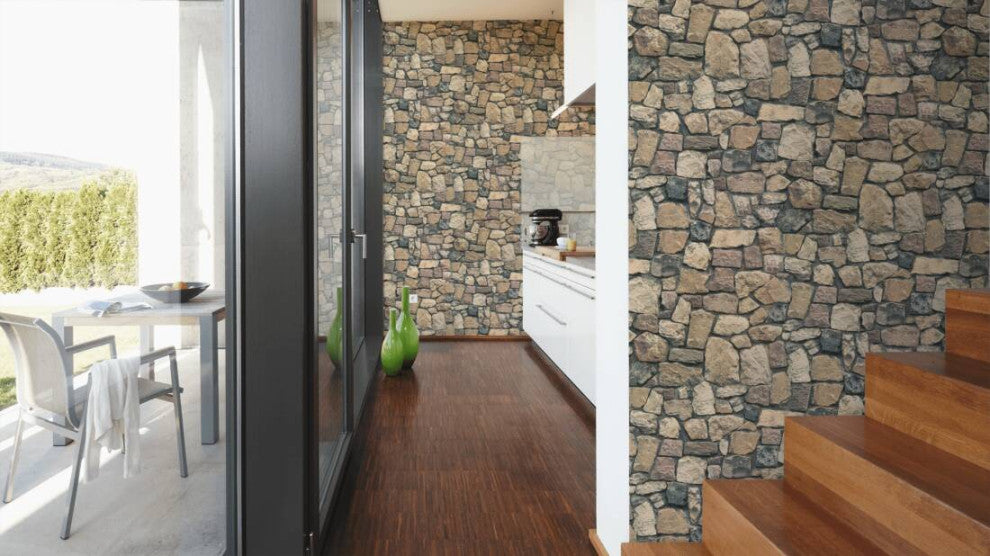 Faux Textured Wallpaper Stones, Brown Orange Gray, One Roll