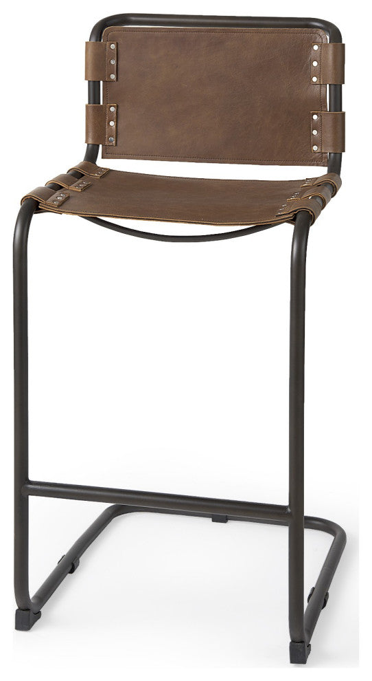 Light Brown Leather Iron Framed Bar Stool