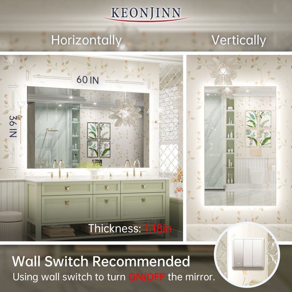 Backlit LED Mirror for Bathroom, Anti-Fog Dimmable, Silver, 60x36