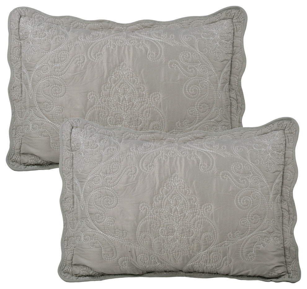 Damask Embroidered Quilted 4 Piece Bed Spread Sets, Ash Gray, Queen