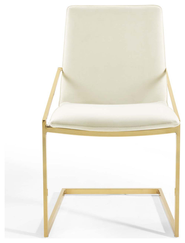 Side Dining Chair, Velvet, Metal, Gold Ivory White, Modern, Bistro Restaurant