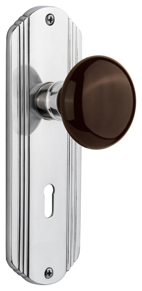 Deco Plate Passage Brown Porcelain Knob, Bright Chrome