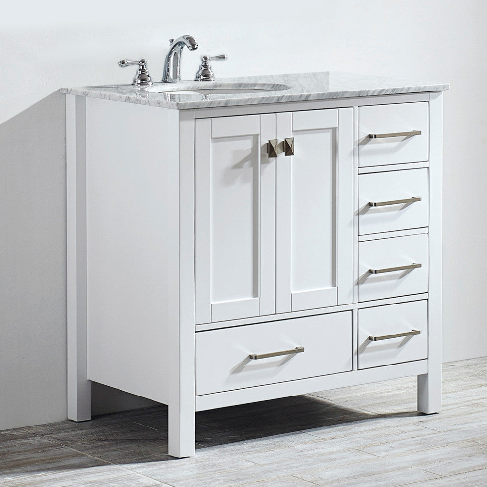 36" Single Vanity in White with Carrara White Marble Countertop Without Mirror