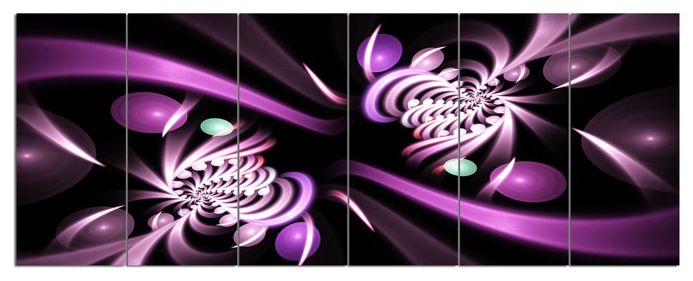 Purple on Black 3D Surreal Art, Floral Canvas Art Print, 70"x28", 6 Panels