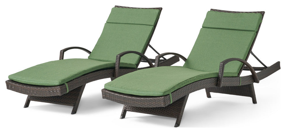 GDF Studio Ann Outdoor Wicker Chaise Lounge With Arms and Cushion, Set of 2, Jungle Green