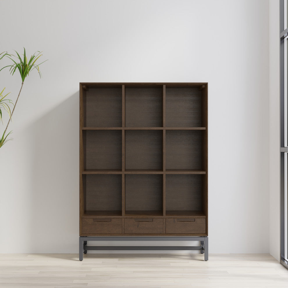 Banting Solid Hardwood 9 Cube Bookcase With Drawers, Walnut Brown