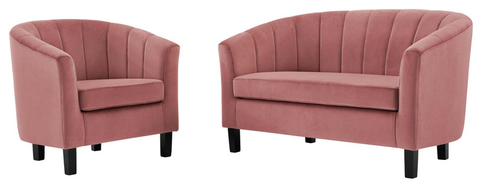Tufted Armchair and Loveseat Sofa Set, Velvet, Pink, Modern, Lounge Hospitality