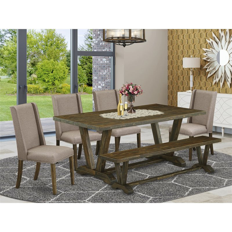 6-Piece Table Dining Set, Dark Khaki Chairs, Bench and Top Table, Jacobean