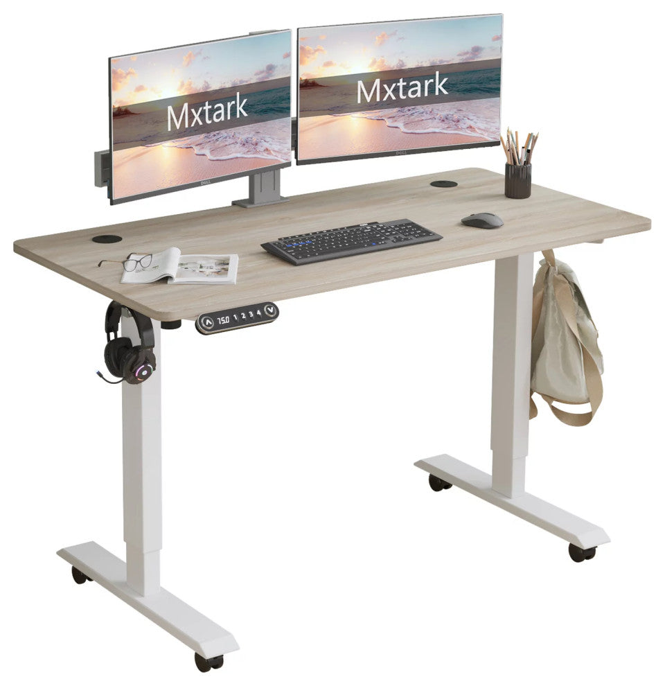 Electric Adjustable Desk, White Iron Legs With Oak Finished Top & Headphone Hook