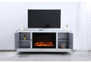 60" Mirrored Tv Stand With Wood Fireplace Insert In Antique Silver