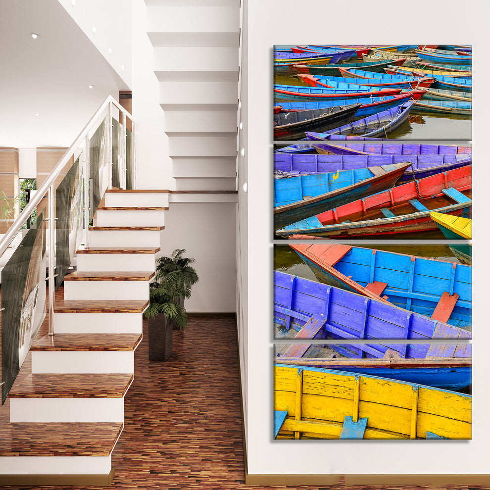 Old Colorful Sail Boats in the Lake, Boat Canvas Art Print, 28"x48", 4 Panels