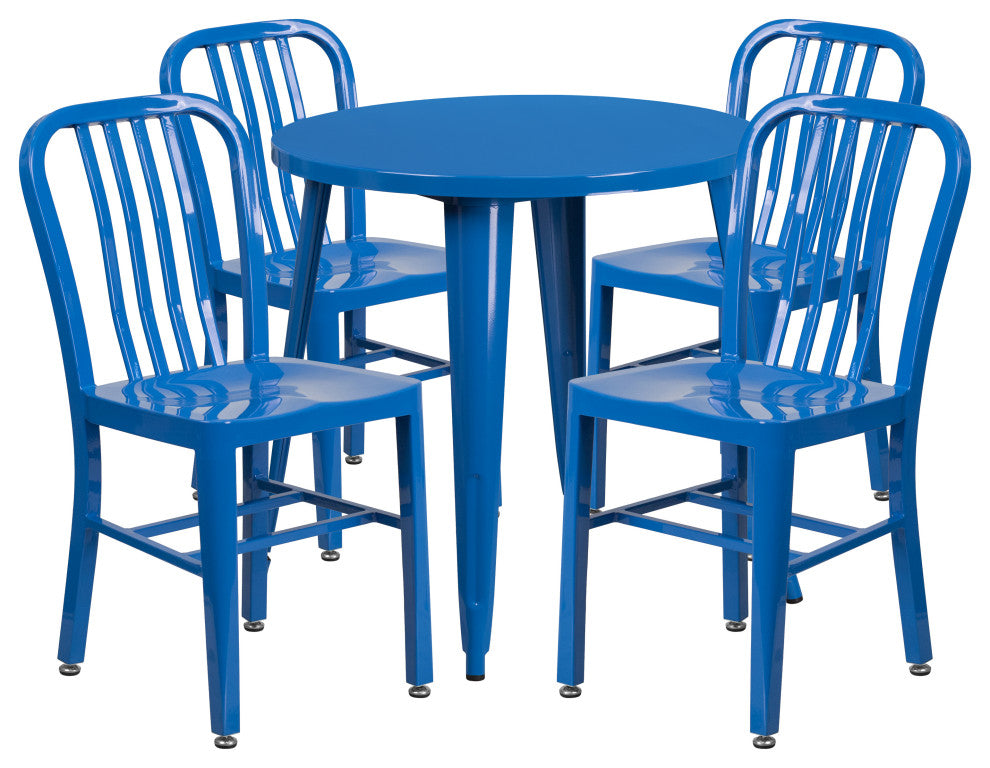 30" Round Blue Metal Indoor-Outdoor Table Set with 4 Vertical Slat Back Chairs