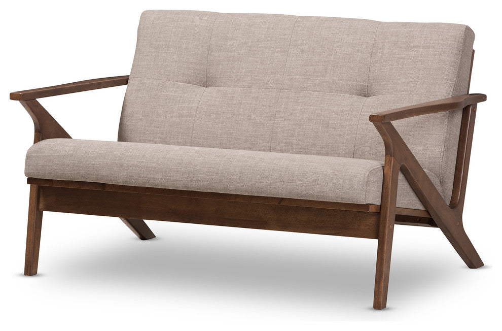 Bianca Mid-Century Modern Walnut Wood Light Gray Tufted 2-Seater Loveseat