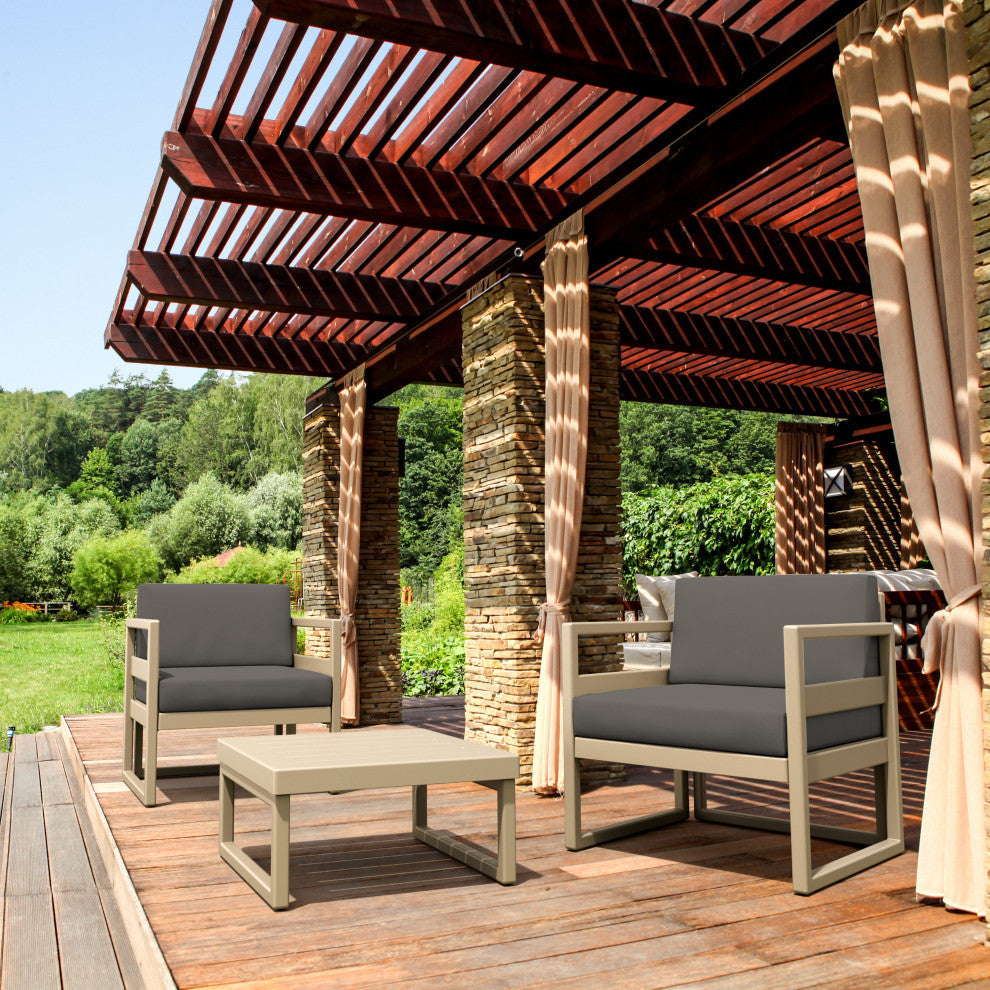 Compamia Mykonos Club 3-Piece Seating Set, Taupe With Sunbrella Charcoal Cushion