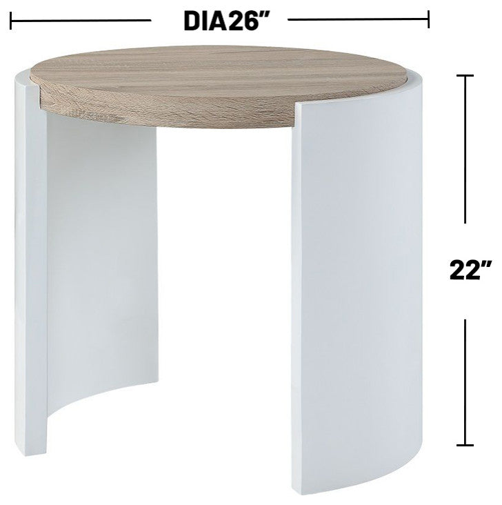 Round Wooden End Table, High Glos White and Oak