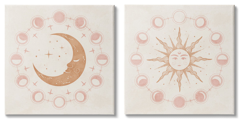 Celestial Sun Moon Phases Astrology Illustration, 2pc, each 17 x 17
