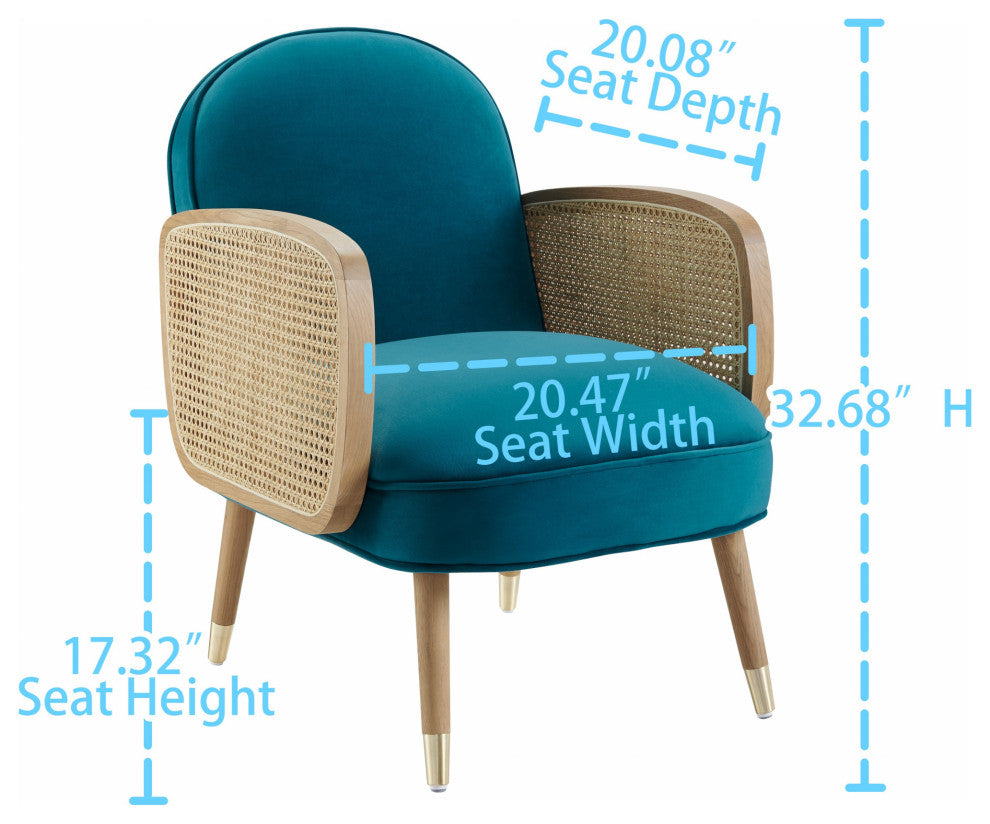 Modern Blue Velvet With Cane Accent Chair