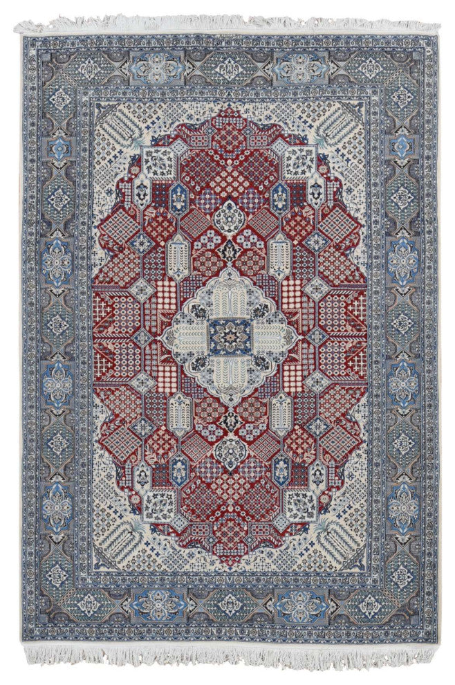 Red New Persian Nain Flower Rosettes Wool and Silk Hand Knotted Rug 7'3"x10'9"