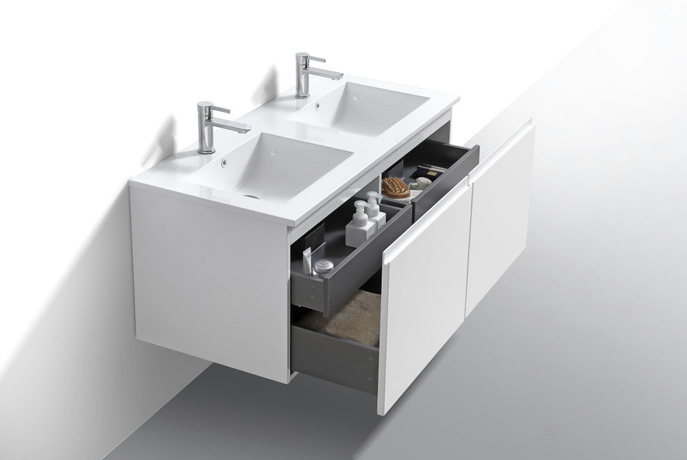 KubeBath Balli 48'' Double Sink Wall Mount Bath Vanity, High Gloss White