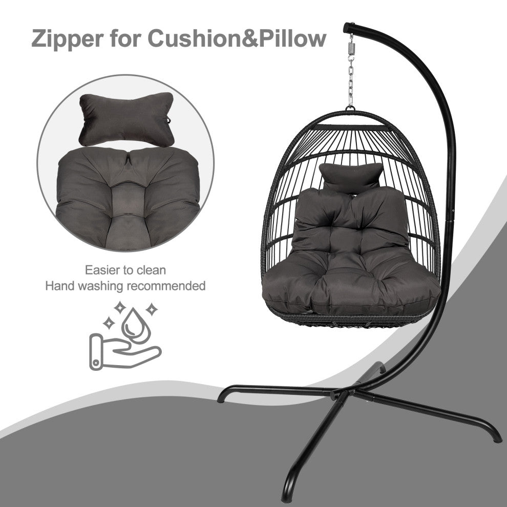 Outdoor Rattan Swing Chair Hanging Egg Chair With Cushion and Pillow, Dark Gray