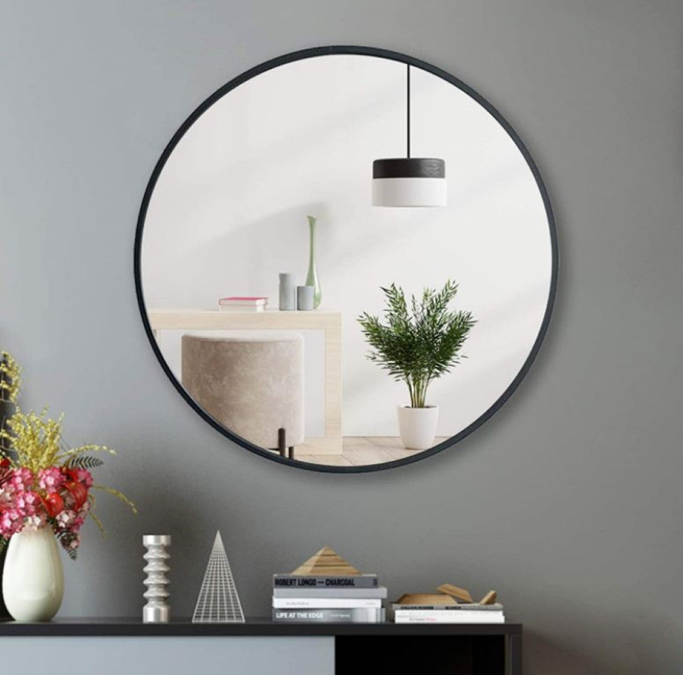 Vera 28 in. x 28 in. Modern Round Framed Matte Black Wall Mount Mirror