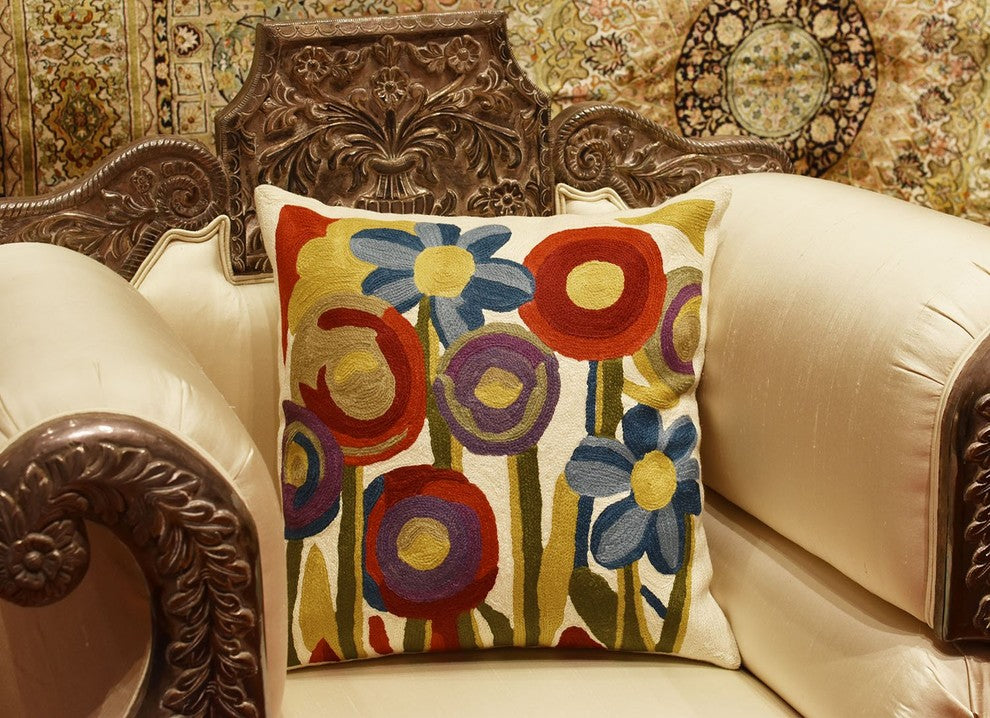 Floral Poppy Bloom Red Blue Decorative Pillow Cover Handembroidered Wool 18x18"