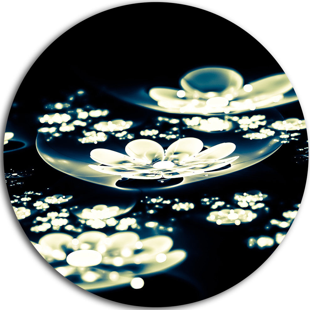 Blue White Fractal Flowers In Dark, Floral Circle Metal Wall Art, 11"