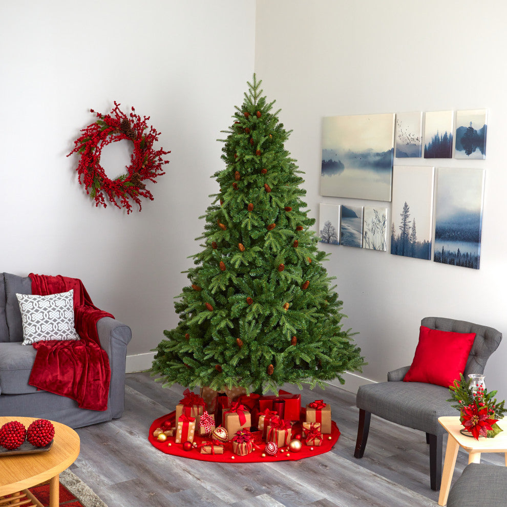 8' Wellington Spruce Natural Look Faux Xmas Tree W/550 Clear Lights & Pine Cones
