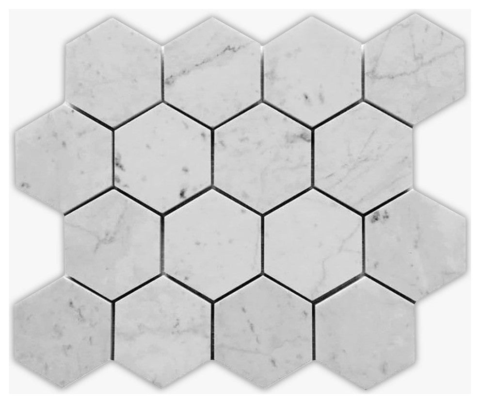 White Carrara Polished 3" Hexagon Marble Mosaic