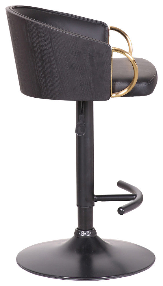 Solstice Adjustable Black Faux Leather and Gold Accent Swivel Barrstool