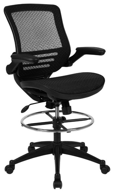 Mid-Back Transparent Black Mesh Drafting Chair with Black Frame and Flip-Up Arms