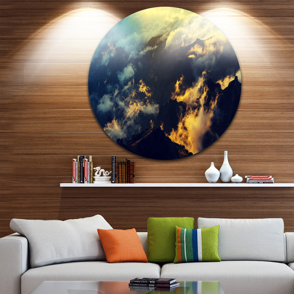 Sunset On Hill Above Clouds, Disc Metal Artwork Landscape, 36"