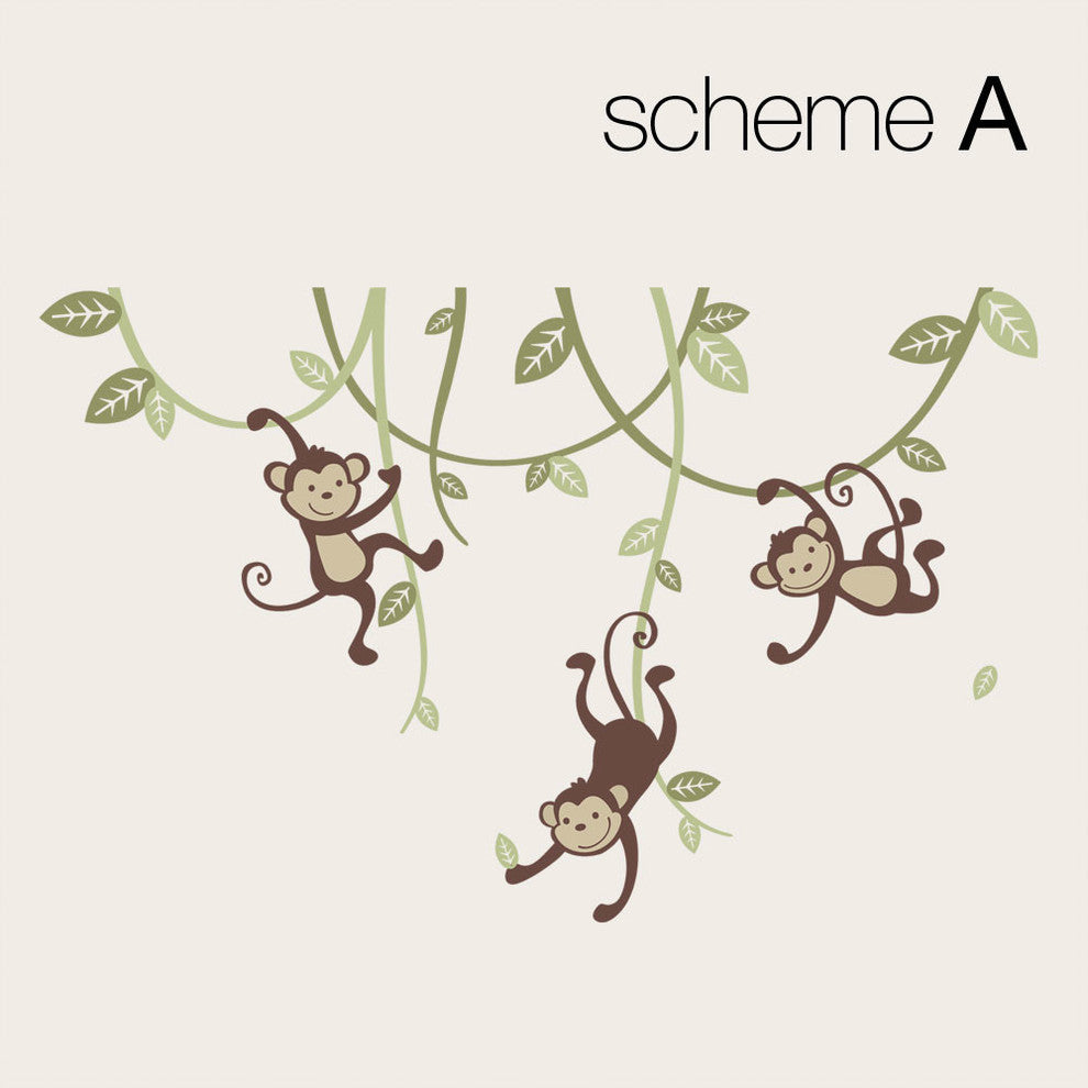 3 Monkeys Swinging From Vines Wall Decal, Scheme A