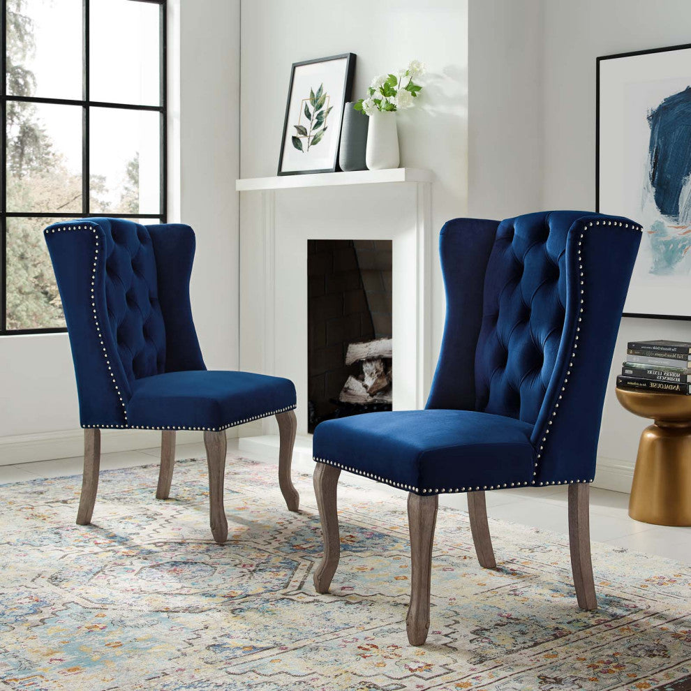 Side Dining Chair, Set of 2, Velvet, Blue Navy, Modern, Cafe Bistro Restaurant