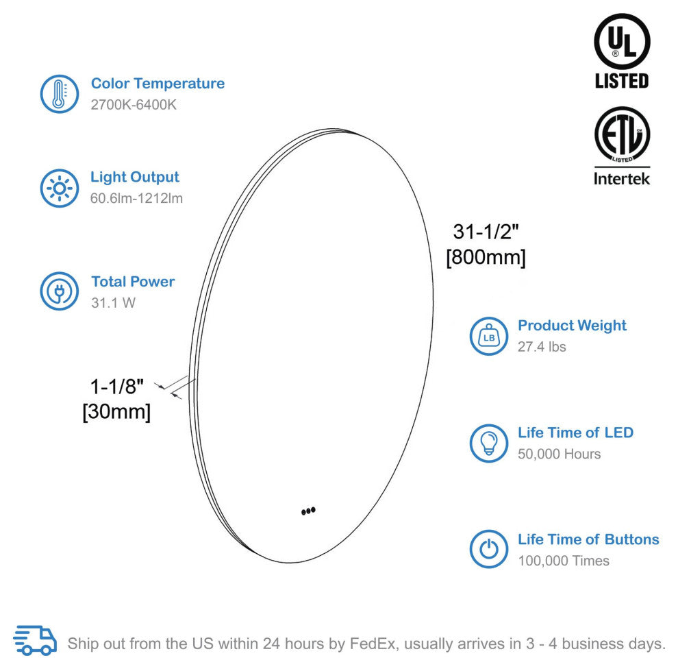 Fogless, Color Temperature Adjustable LED Mirror, 32" Round