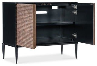 White background; interior view with one door open showing storage shelf.