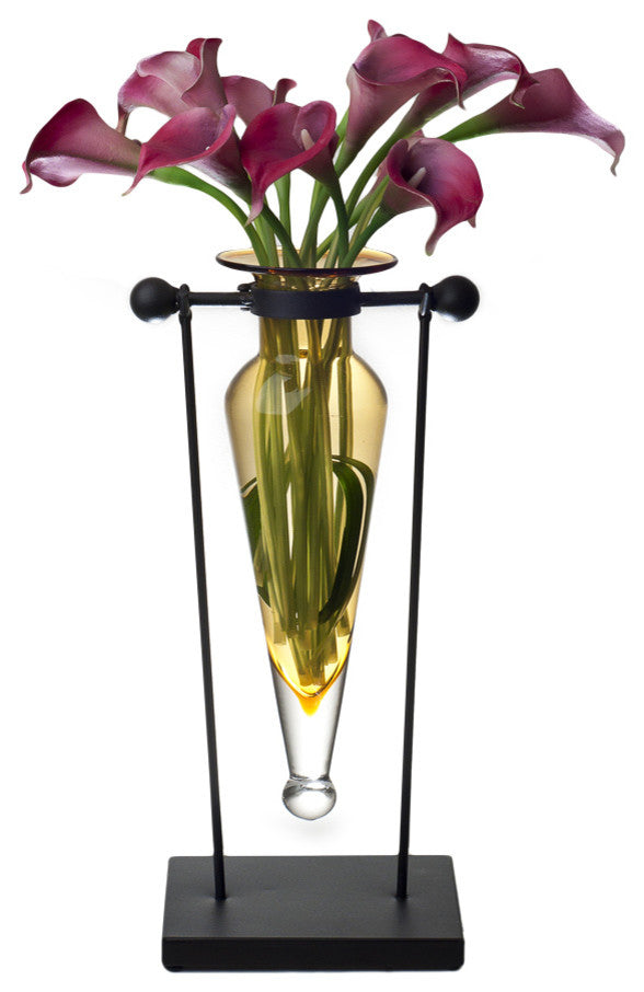 Amphora Vase on Swiveling Iron Stand With Finials and Hinge, Amber