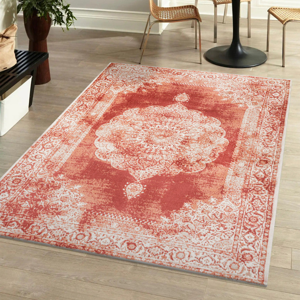 Rosalia Cottage Medallion Area Rug, Peach/Ivory, 4x6