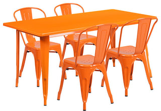 31.5''x63'' Rectangular Metal Indoor Table Set with 4 Stack Chairs, Orange