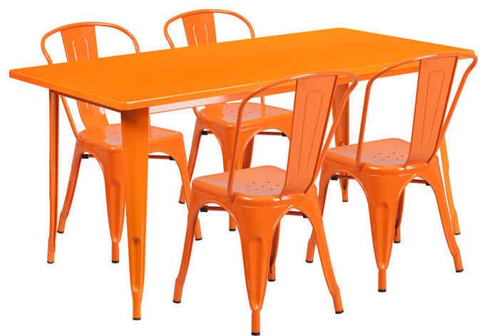 31.5''x63'' Rectangular Metal Indoor Table Set with 4 Stack Chairs, Orange