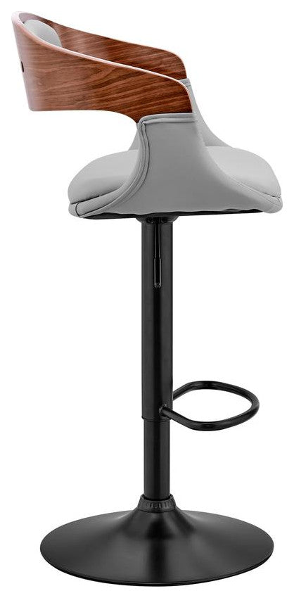 Benson Adjustable Gray Faux Leather and Walnut Wood Bar Stool with Black Base