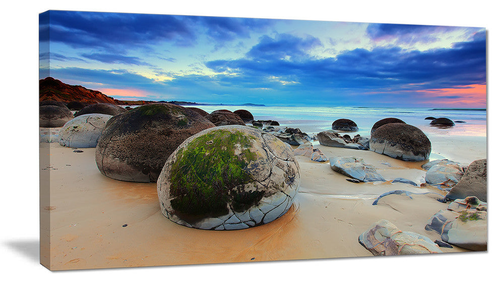 "Cloudy Sunrise Over Moeraki Boulders" Seashore Photo Wall Art, 32"x16"