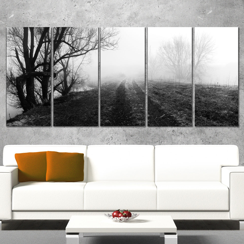 "Black And White Misty Landscape Panorama" Landscape Wall Art, 5 Panels, 60"x28"